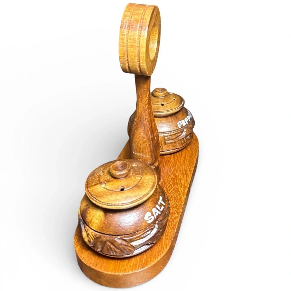 Vintage handcrafted Wooden Brown Salt & Pepper Shakers with Holder